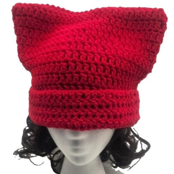 Handmade Unisex Red Crochet Cat Ear Beanie Sack Hat Cat Hat - Picture 1 of 8